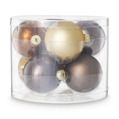 Box met kerstballen – bruin – ø7 cm – set van 8